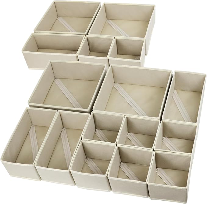 16 Pack Drawer Organizer Clothes, Foldable Fabric Dresser Organizer Closet Organizers and Storage Box for Underwear,Folded Clothes,Baby Clothing,Socks,Bra,Towels,Ties(Beige)