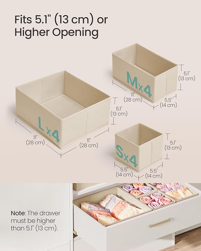 SONGMICS Drawer Organizers, Dresser Divider Organizers, Set of 12, Foldable Fabric Storage Boxes for Socks, Underwear, Bras, Ties, Scarves, Summer Sand URDZ006Y02