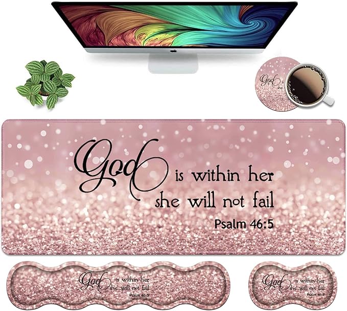 Ergonomic Keyboard Wrist Rest & Mouse Pad Wrist Rest Set, Large XXL Gaming Desk Mat 31.5"x 11.8", Non-Slip Base, Memory Foam, Easy Typing Pain Relief for Office & Home, Quote Bible Verses Psalm 46:5