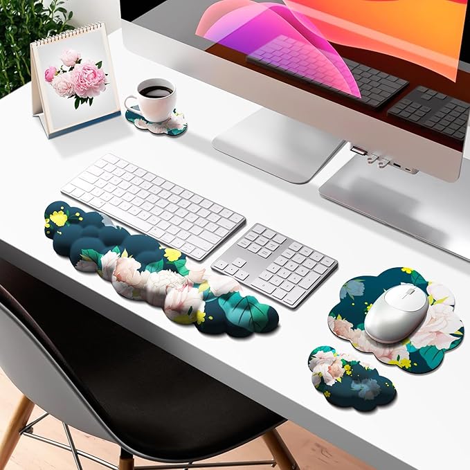 JIKIOU Cloud Wrist Rest Keyboard, Cloud Keyboard Wrist Pad Set with Comfortable Cloth, Cute Arm Rest for Palm Support, PC/Gaming Desk Accessories/Office Setup/Computer Hand Cushion Peony