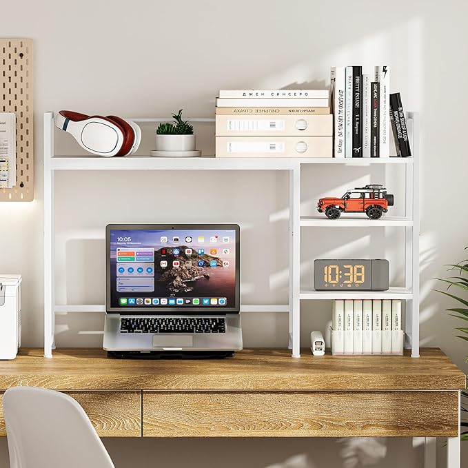 Snughome Desk Shelf, 44.9" Large Desktop Organizer Shelf, Desk Hutch for Monitor, 4 Tier Display Rack, Wooden Desktop Bookshelf Storage Rack for Home Office Dorm