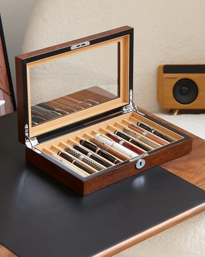 12-Slot Fountain Pen Collector Case – Lockable Wooden Organizer with Glass Display Top, Premium Storage Box for Writing Instruments and Gift for Men
