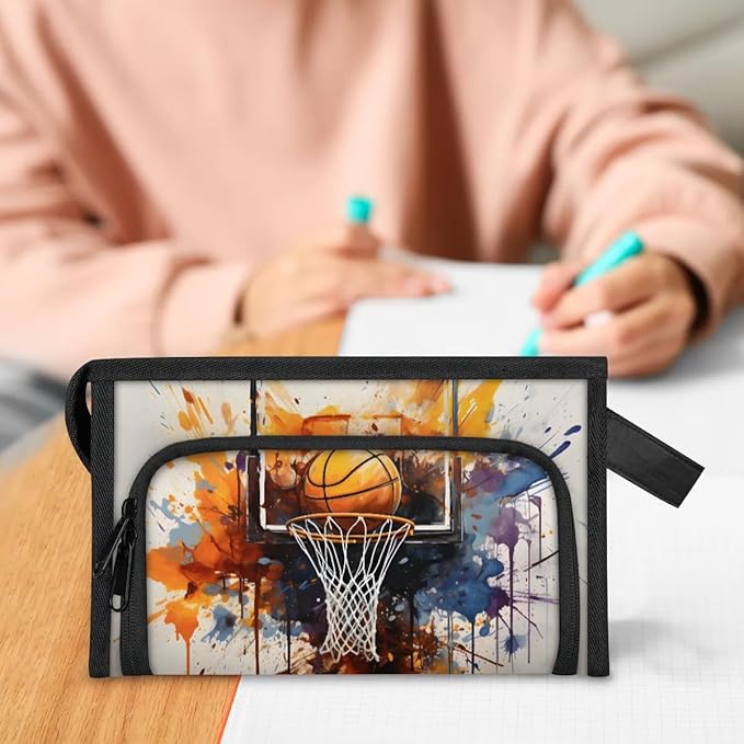 Large Capacity Pencil Case Pouch, Basketball Sport Portable Zipper Pencil Cases Pencil Bag Office Stationery Bag Makeup Bag Desk Organizer for Women Men