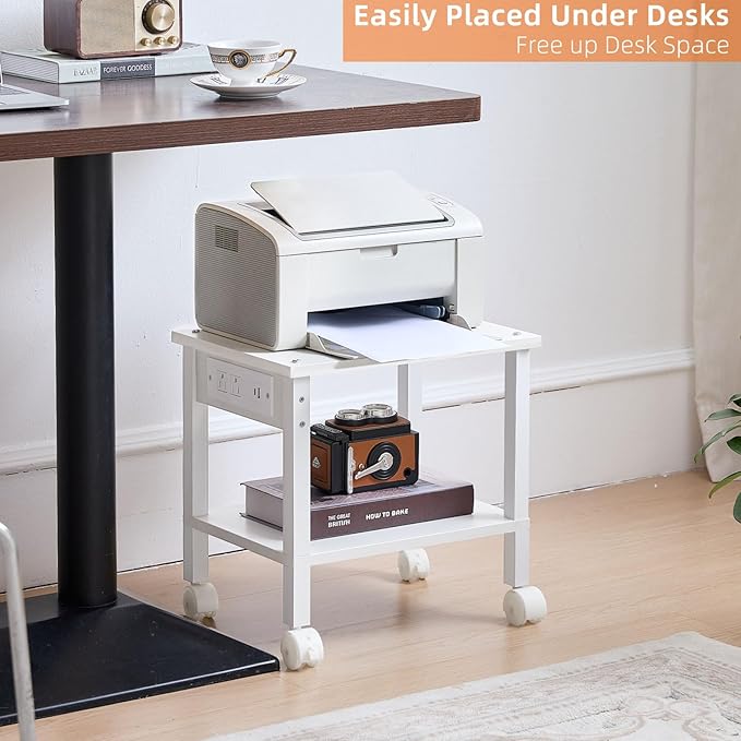 Lerliuo Under Desk Printer Stand with Charging Station, 2 Tier Wooden Small Printer Table with Storage, Rolling Printer Cart Shelf with Lockable Wheels for Home, Office (White)