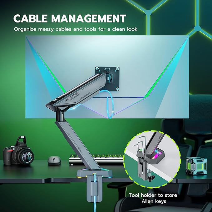 ARES WING RGB Single Monitor Arm Desk Mount for 17-45 inches Flat and Curved Monitors, Holds 35.2 lbs Heavy Duty, Adjustable Ultrawide Monitor Arm with Clamp & Grommet Base, 75/100 VESA Mount, Gray