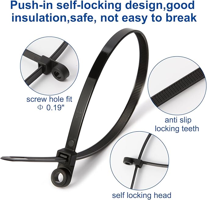 120 PCS 7.5 Inch Plastic Zip Ties with Screw Holes, Heavy Duty Mountable Cable Ties, UV Resistant Electrical Zip Ties for Indoor & Outdoor (Black)