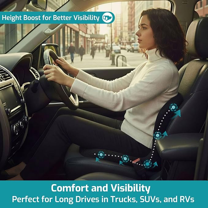 Trucker Seat Cushion, Car Seat Cushions with Lumbar Support Pillow, Ergonomic L-Shaped One Piece Memory Foam Pad for Long Driving Back Pain Sciatica Relief, Drivers Office Workers (Black+Mesh Cloth)