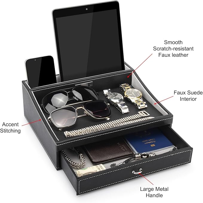 Baoyun Gifts for Dad Mens Nightstand Organizer, Jewelry Box for Men, Mens Dresser Organizer Countertop, Large Capacity Leather Valet Tray for Phones Pad Wallet Key Christmas Gifts for Men