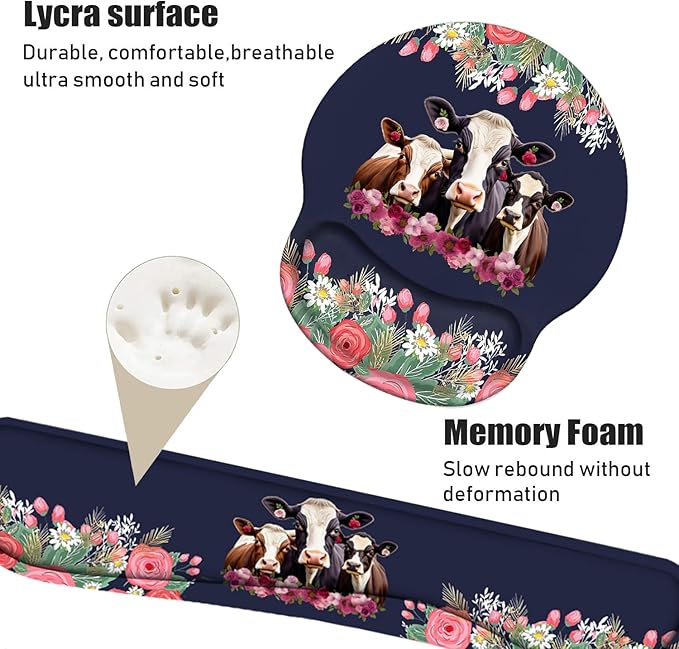 Keyboard Wrist Rest and Mouse Pad Wrist Support Set, Non-Slip PU Base Ergonomic Gaming Mousepad for Home Office Working Studying Easy Typing & Pain Relief - Floral Quote Funny Cows Combination