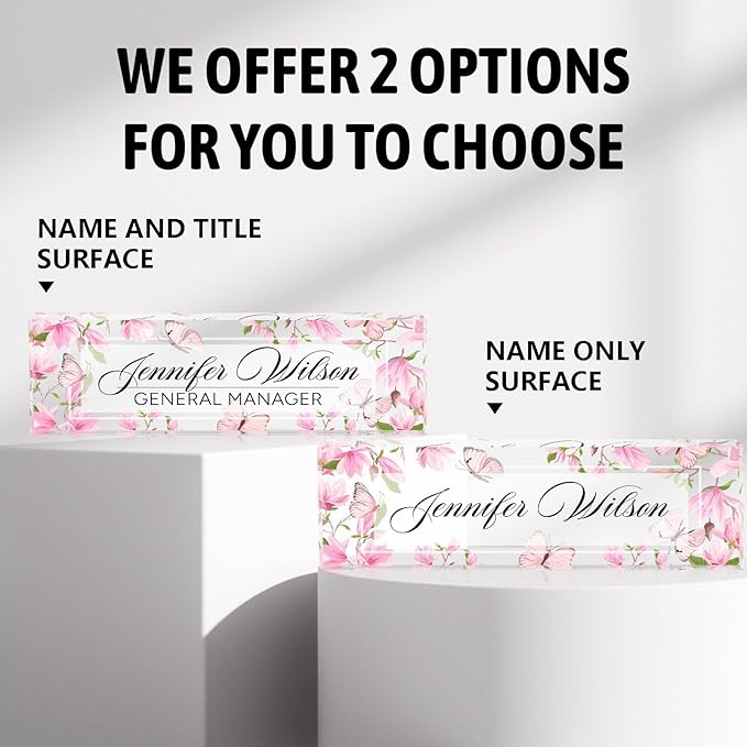 Personalized Acrylic Desk Name Plate - Custom Employee Appreciation Gifts - Office Gifts for Women, Men, Boss, Coworkers, Teacher, Nurse (Pink Flower Butterfly)