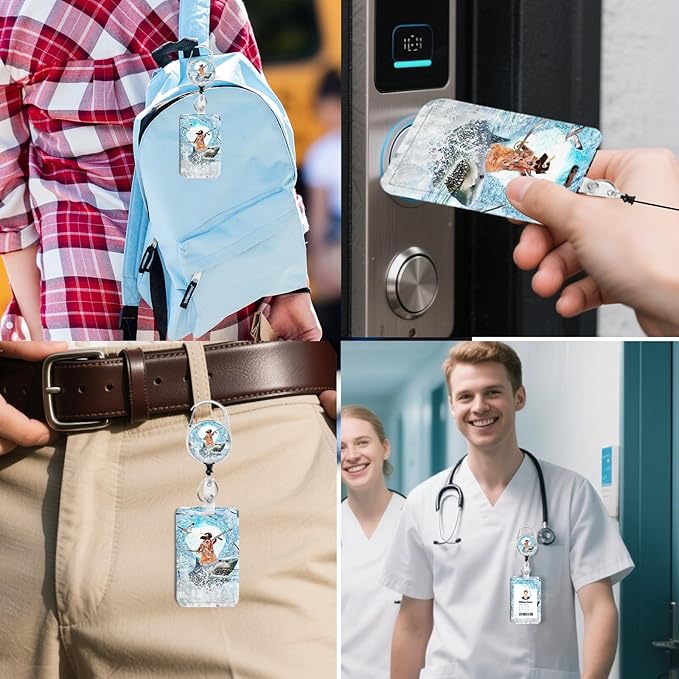 2 Pack Funny Surfing Cat&Dog ID Badge Holder with Heavy Duty Retractable Reel Keychain for WomenStudents,Teachers, Nurses, Office Use