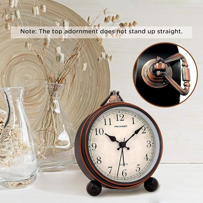 Peakeep 4" Small Battery Operated Antique Retro Analog Alarm Clock with Contour Lines in Gold for Room Decors, Silent Elegant Bedside Desk Gift Clock