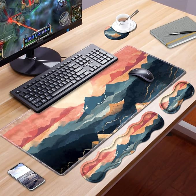 Ergonomic Keyboard Wrist Rest and Mouse Pad Wrist Rest Set, Large XXL Gaming Mousepad 31.5"x 11.8", Memory Foam, Easy Typing Pain Relief, Multifunctional Desk Mat for Office & Home, Mountain Sunrise