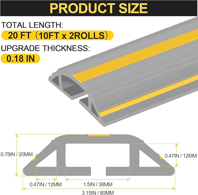 MYFAMIREA 20FT Floor Cord Cover Heavy Duty Cable Cover Protector 3 Channels Extension PVC Floor Wire Cover Outdoor Cord Hider Management Cord Cover for Wire on Floor Home Outdoor (2PCS 10FT, Grey)