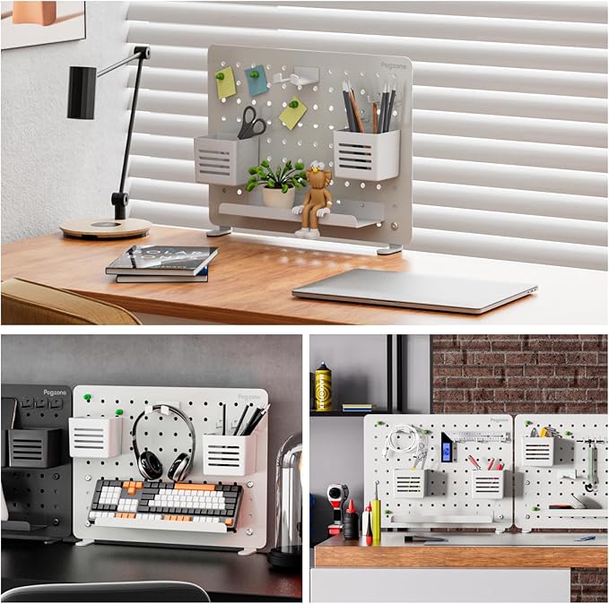 PEGZONE Clamp-on Desk Pegboard, Desk Organizer for Office Gaming Home, Magnetic Metal Peg Board with 10 Accessories, Privacy Panel for Office, 16.5" x 12.6", Medium, White