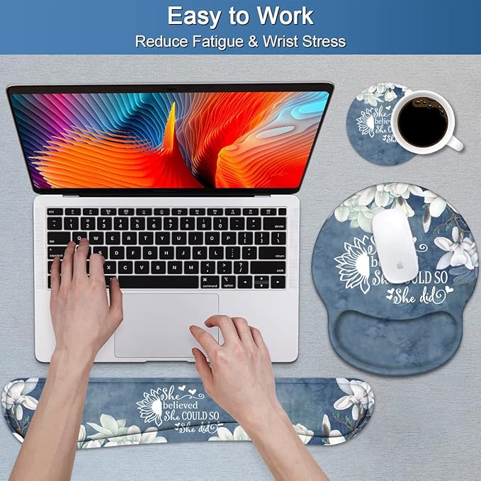 Keyboard Wrist Rest and Mouse Pad Wrist Support Set with Coasters, Inspirational Quote She Believed She Could So She Did Wrist Support Mouse Pad with Non-Slip PU Base for Computer Laptop Home Office