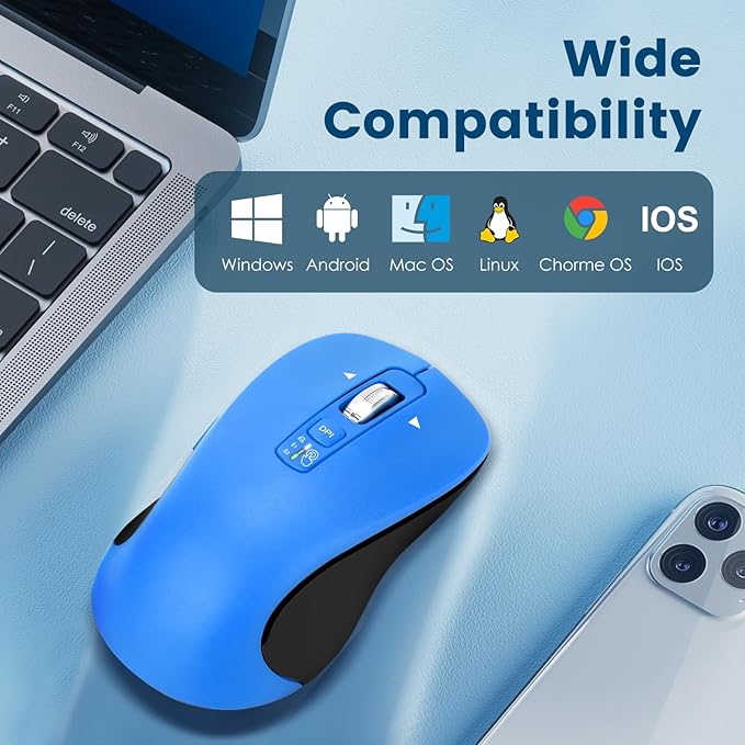 Wireless Bluetooth Mouse (USB + BT1 + BT2), Full Size, 4-Way Scrolling, Multi-Device Silent Mouse for Computer, Laptop, iPad, MacBook (Blue)