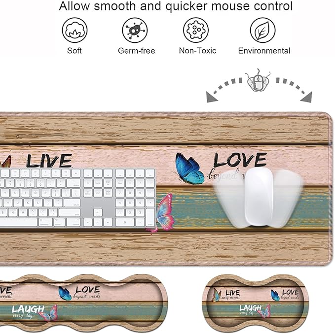 Ergonomic Keyboard Wrist Rest & Mouse Pad Wrist Rest Set, Large XXL Gaming Desk Mat 31.5"x 11.8" with Memory Foam, Easy Typing Pain Relief for Office & Home, Vintage Wood Board Live Laugh Love