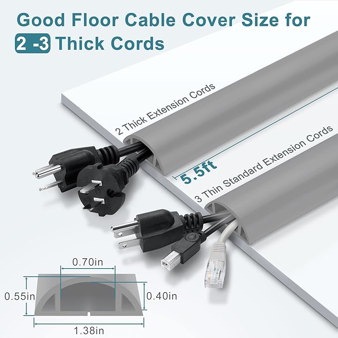 5.5FT Floor Cord Cover, Grey Soft Cable Cover Floor, Large Size Extension Cord Covers for Floor, Power Cord Protector Floor Wire Cover - Cord Channel Diameter: 0.7" (W) x 0.4" (H)