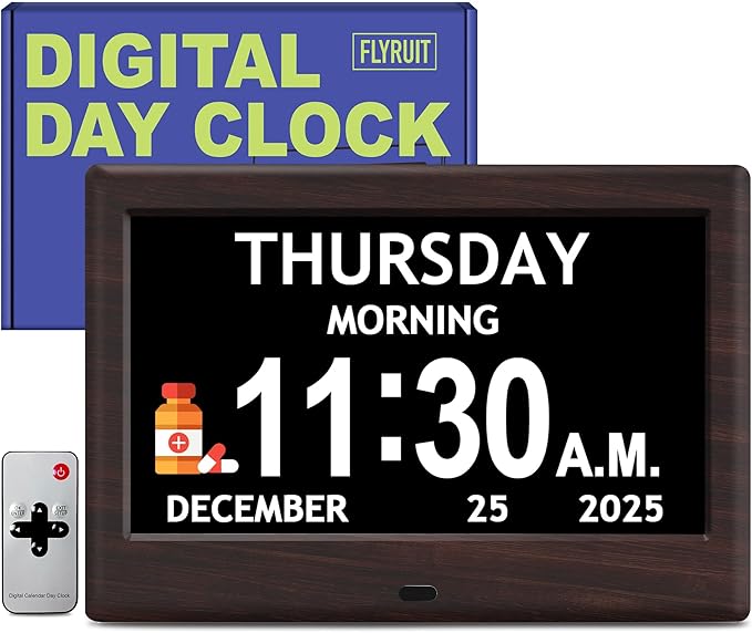7'' Dementia Clock For Seniors, Large Display Digital Clock With Date, Time, Day Of Week for Elderly, Alzheimer, 1024*600P HD, 10 Reminders & 6 Alarms, Auto Dimming & DST, Remote Control, Brown