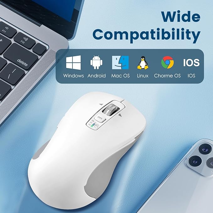 Wireless Bluetooth Mouse (USB + BT1 + BT2), Full Size, 4-Way Scrolling, Multi-Device Silent Mouse for Computer, Laptop, iPad, MacBook (White)