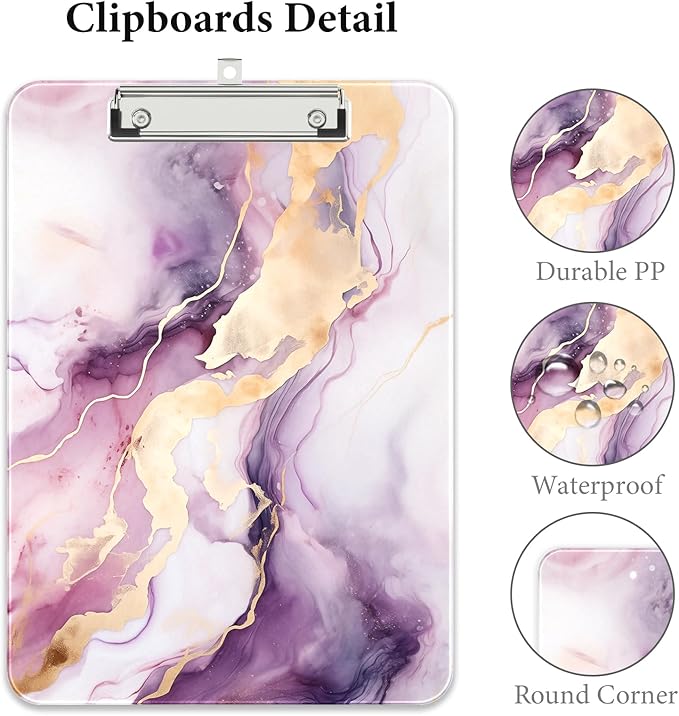 Rimilak Plastic Clipboards with Metal Clip, A4 Letter Size 9 x 12.5 in, Office Decorative for Students Women Men and Kids, Cute Custom Pattern, Purple Gold Marble