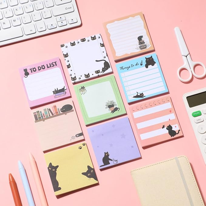 9 Pads Black Cat Sticky Notes 3x3 Inch Cute Self Stick Notepads Notes Adhesive Memo Pad Office Decor Gifts for Students School Teacher Meeting Office Supplies