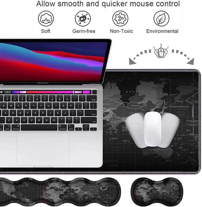 Ergonomic Keyboard Wrist Rest & Mouse Pad Wrist Rest Set, Large XXL Gaming Mousepad 31.5"x 11.8", Memory Foam, Easy Typing Pain Relief, Multifunctional Desk Mat for Office & Home, World Map Pattern