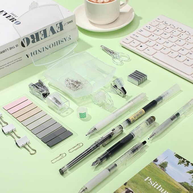 Colarr Mini Office Supply Kit Includes Stapler Tape Dispenser Staple Remover Paper Clips Scissor Staples Pen Sharpener Note Small Telescopic Knife for Office and School Clerk Student (Clear)