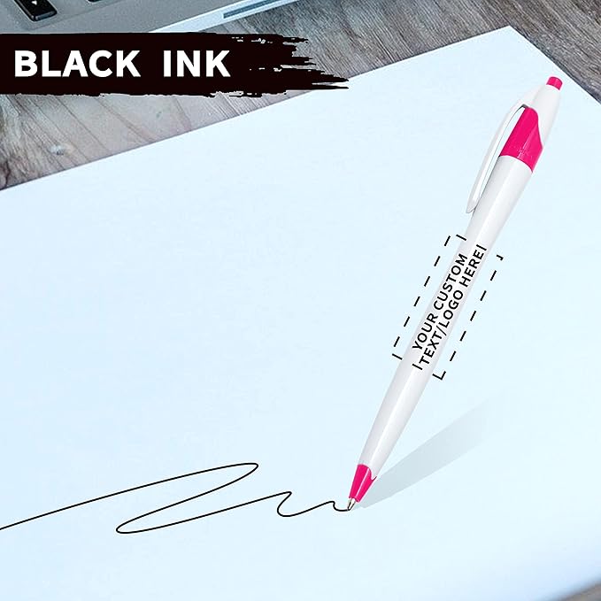 DISCOUNT PROMOS Custom Slim Curvy Ballpoint Pens Set of 50, Personalized Bulk Pack - Black Ink, Retractable, Great for Office, School, Tradeshows - Pink