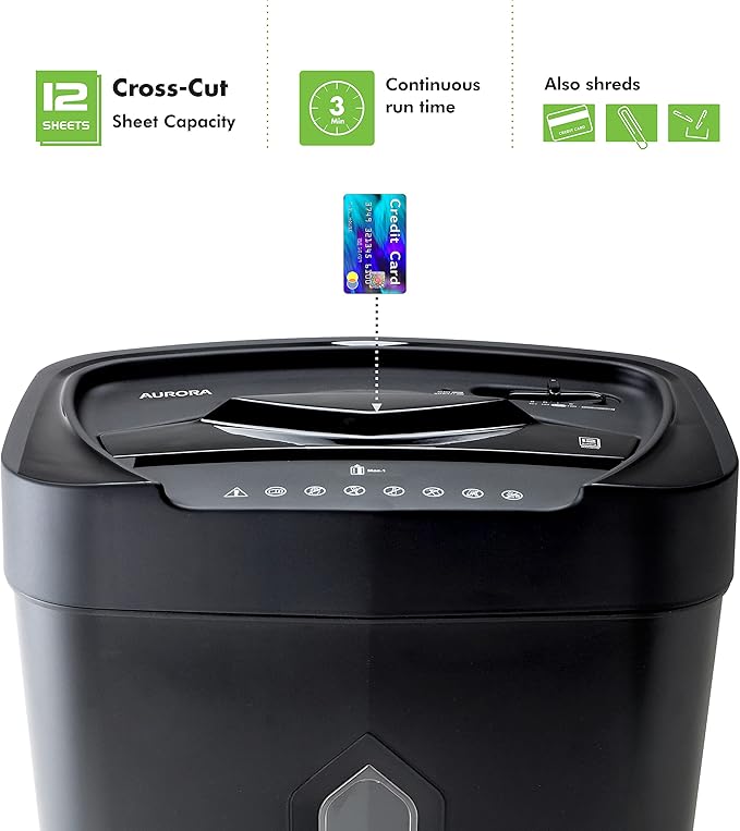 Aurora 12 Sheet Crosscut Paper and Credit Card Shredder with 5.2 gal Wastebasket