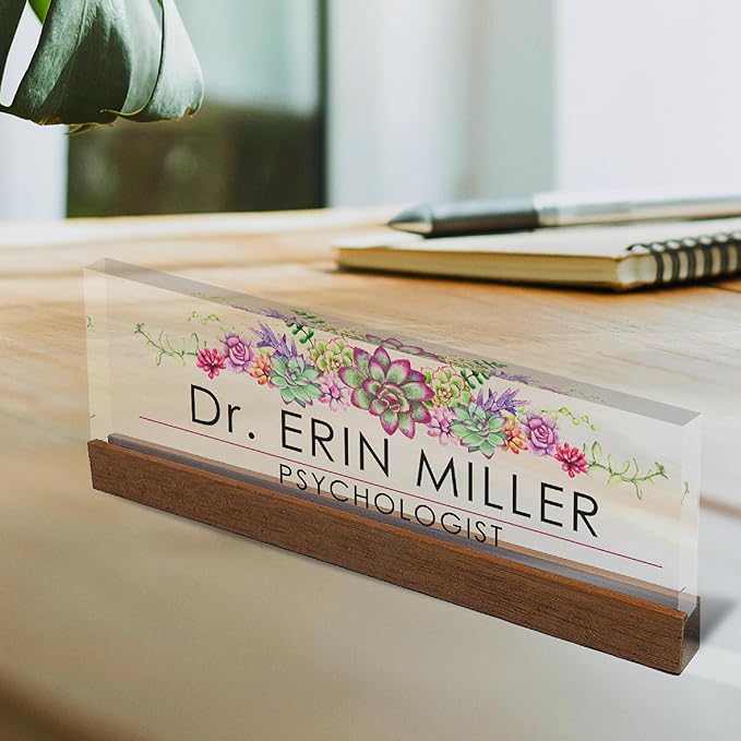 Artblox Office Personalized Name Plate for Desk with Business Card Holder On Clear Acrylic Glass Succulents Flowers Design Custom Desk Name Plate with Your Name and Credentials Customized Gift