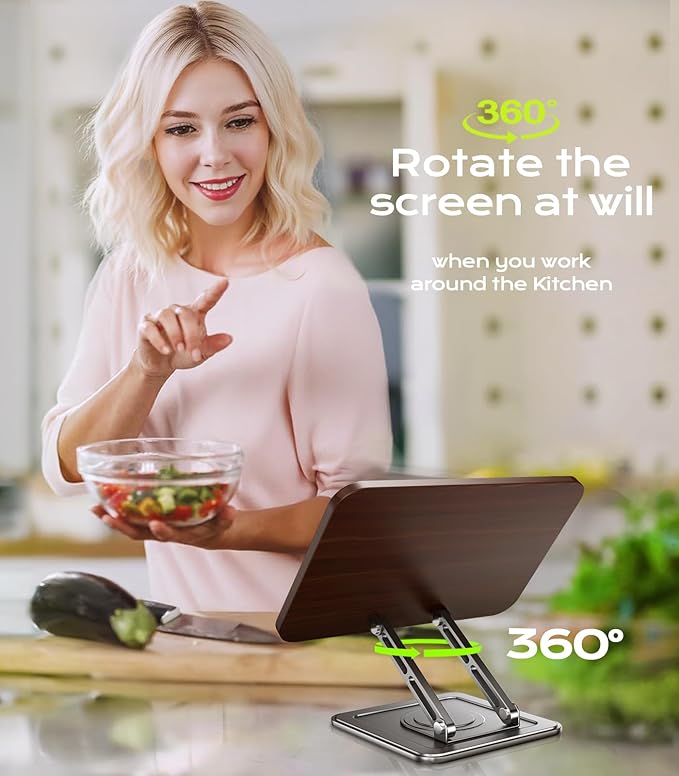 Book Stand for Reading, Adjustable Book Holder with 360°Rotating Bases, Ergonomic Cookbook Stand Recipe Book Holder with Elastic Page Clips for Magazines, Tablets, Laptops