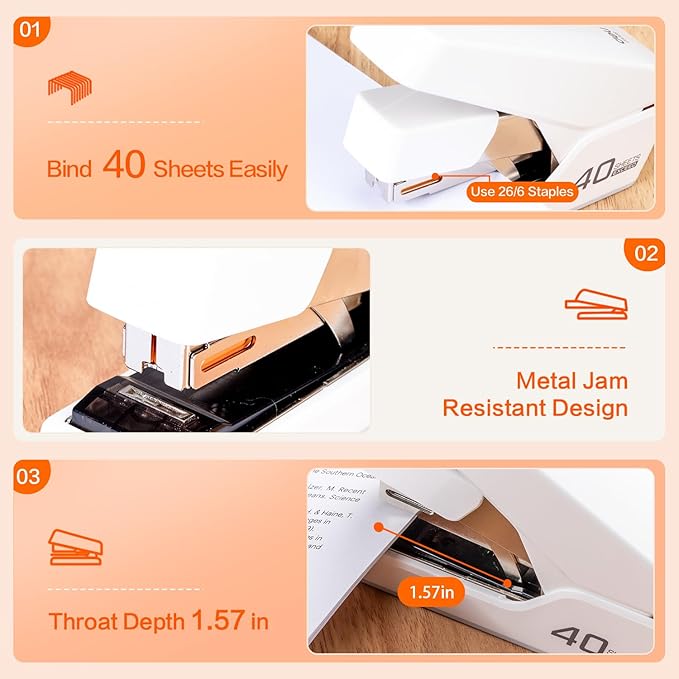 Deli Stapler, Effortless Staplers for Desk, 40 Sheet Capacity Heavy Duty, One Touch, No Effort, Easy to Load, with 2000 Staples & Staple Remover, Good for Office, Home Use, White