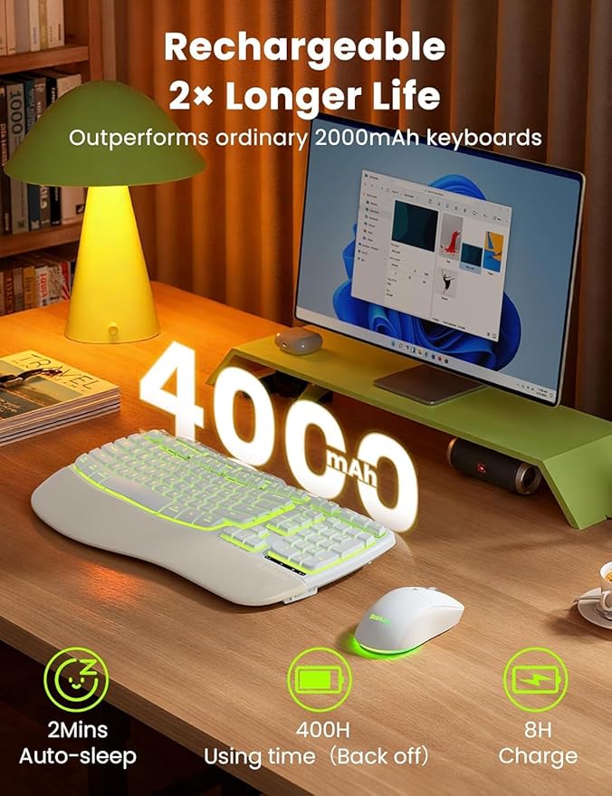 White Wireless Keyboard and Mouse Combo, Light up Ergonomic Keyboard Set, 2.4G Full Size Ergo Wave Key Board with Cushioned Plam Rest, Silent Mouse, for Computer/Laptop/Windows/Mac, Sablute