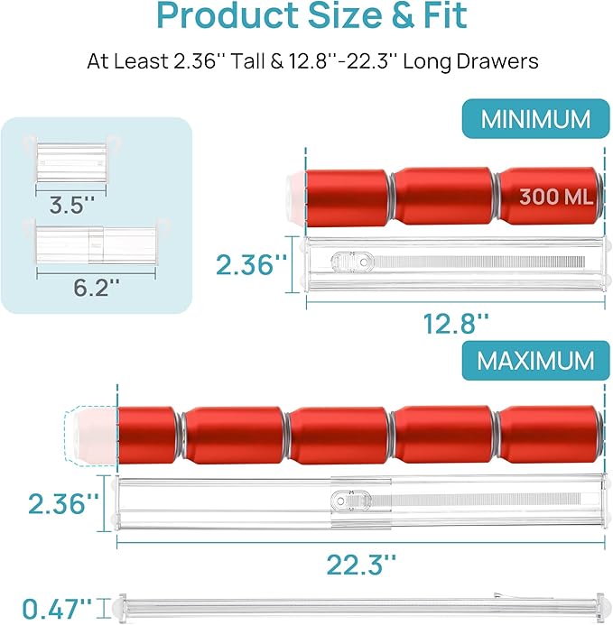 Vtopmart 2.36” Drawer Dividers with Expandable Inserts, 12.8"-22.3" Adjustable Kitchen Drawer Organizer, Clear Plastic Organizer Separator for Flatware, Utensil, Cutlery, 6 Dividers with 10 Inserts