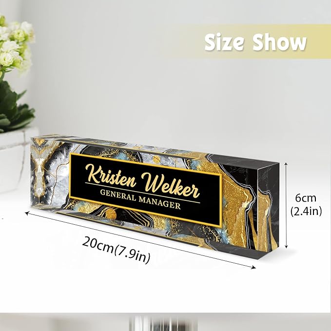 Personalized Name Plate, Custom Office Decor - Acrylic Desk Accessory, Office Gifts for Employees (Black Coast)