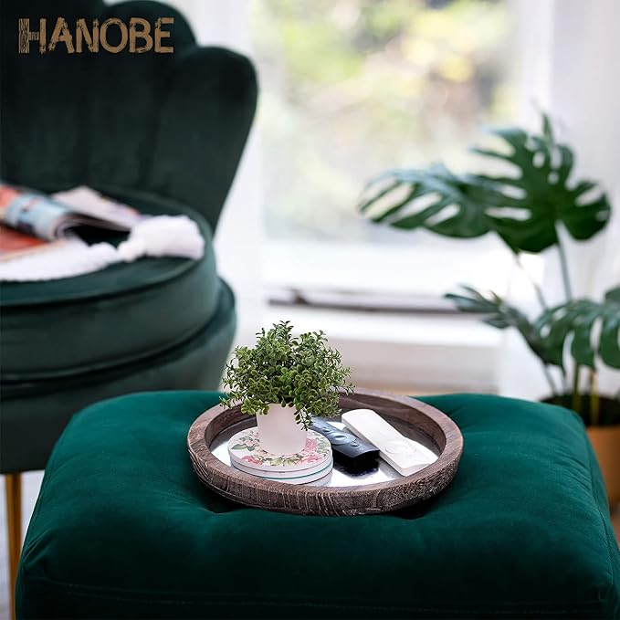 Hanobe Round Wood Decorative Tray: Set of 2 Farmhouse Wooden Galvanized Trays for Coffee Table Centerpiece Rustic Vintage Candle Platter for Ottoman Home Decor Kitchen Bathroom Bar Countertop