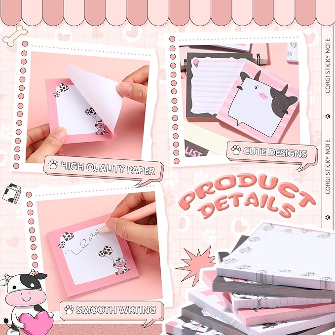 9 Pads Cow Sticky Notes 3x3 Inch Cute Self Stick Notepads Notes Adhesive Memo Pad Office Decor Gifts for Students School Teacher Meeting Office Supplies