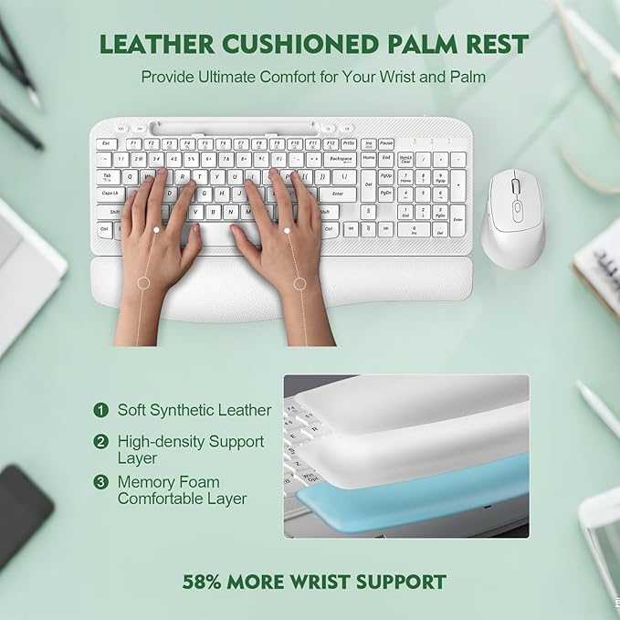 Wireless Keyboard and Mouse Combo, Wave Keys Full-Sized Ergonomic Keyboard with Cushioned Plam Rest, Phone Holder, Comfortable Natural Typing, 2.4G Cordless Set for Computer, Laptop, PC, Mac, Windows