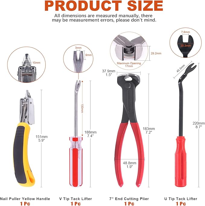 Tanstic 4Pcs Nail Puller and Staple Remover Tool Set, Including 7'' End Cutting Plier, Tack Lifter, Carpet Remover for Furniture, Floor, Wall, Car, Photo, Frame, Wooden Case, Carton