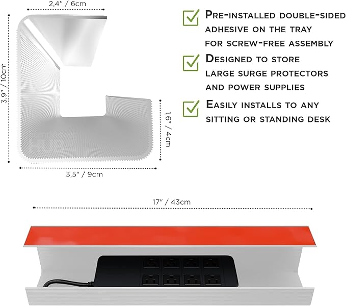 No-Screw Under Desk Cable Management Tray - Self-Adhesive Installation, Cord Management, Cable Tray, Under Desk Wire Organizer - White Single Tray