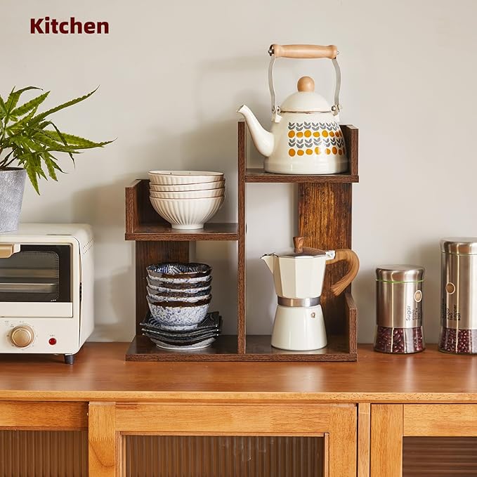 Book Display Shelf Small Desk Organizer, Desk Top Storage Organizer, Cookbook Storage Kitchen Counter Shelf, Tabletop Plant Shelf Stand Rustic Brown YD-DSR002H