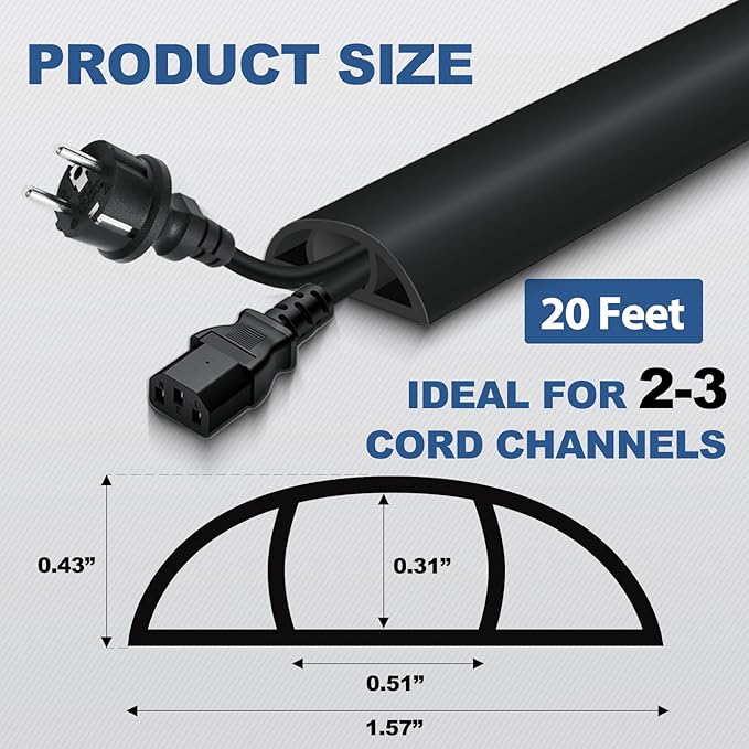 Floor Cord Cover for Wires on Floor Self Adhesive Cord Hider Floor Cable Management Wire Covers for Cords Protector Prevent Cable Trips Cord Cavity W 0.51" x H 0.31", Black, 20Ft