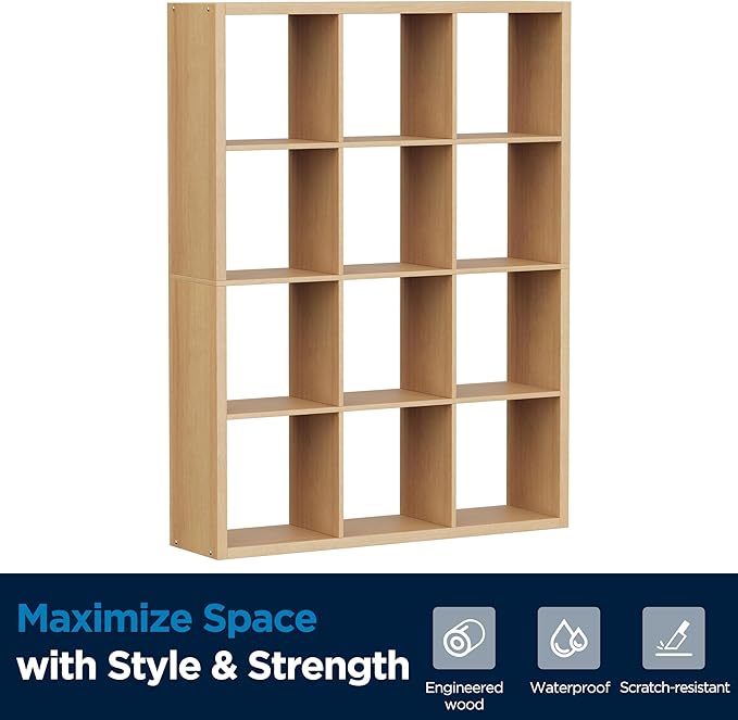 12-Cube Storage Organizer, Wooden Cube Shelf Bookcase with Reinforced Thick Shelves, Heavy-Duty 36.93" L x 9.37" W x 48.82" H, for Living Room Bedroom Home Office, Natural-Oak