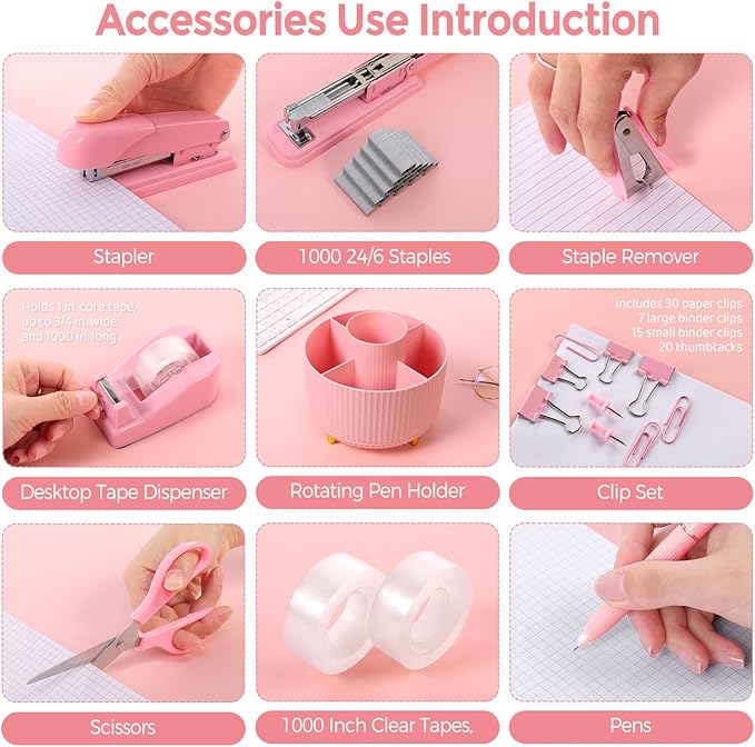 SKYDUE Pink Office Supplies Set, Pencil Holder for Desk,Gel Pen, Stapler, Tape Dispenser, Scissors,Clips and 1000pcs Staples, Office Decor for Women, Pink Desk Accessories