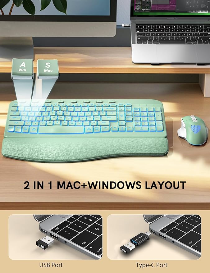 SABLUTE Ergonomic Wireless Keyboard and Mouse Combo - Wave Keyboard with Soft Leather Wrist Rest, Resistant Keys, RGB Backlit Rechargeable Set for PC/Mac/Chromebook (Green)