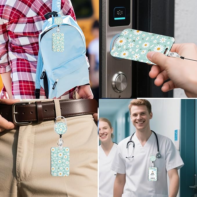 2 Pack Flower ID Badge Holder with Heavy Duty Retractable Reel Keychain for WomenStudents,Teachers, Nurses, Office Use