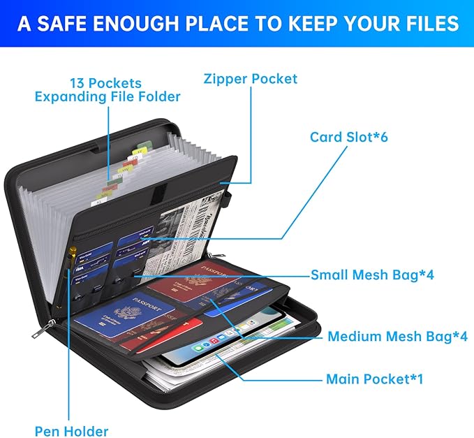 ENGPOW Accordion File Organizer, Fireproof Expanding File Folder with 13 Pockets Document Organizer with Handle & Labels, Portable Home Travel Safe Storage for Letter A4 Files and More, Black
