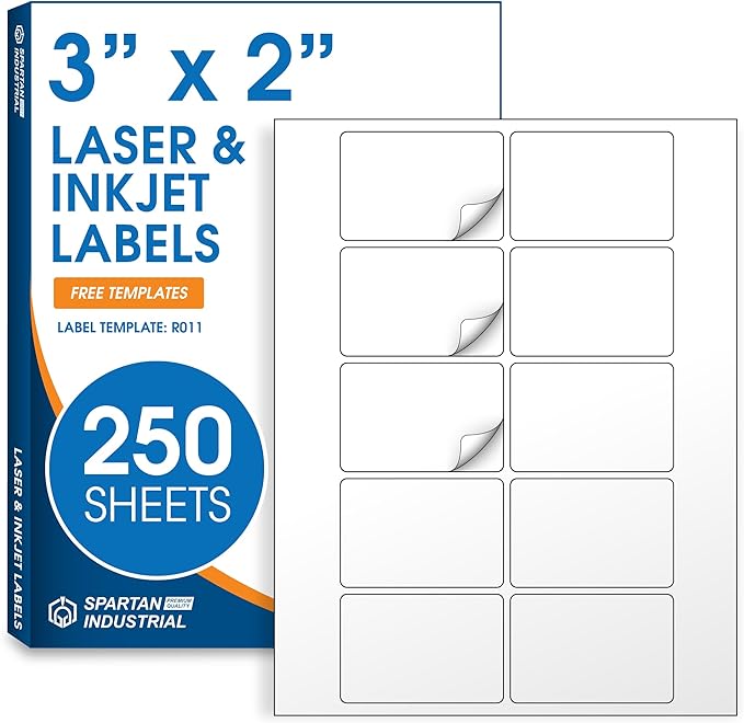 3" X 2" Matte White Printable Labels for Inkjet and Laser Printers - 250 Sheets, 2500 Custom Stickers for Address Labels, Product Labeling, Shipping - Spartan Industrial Template R011